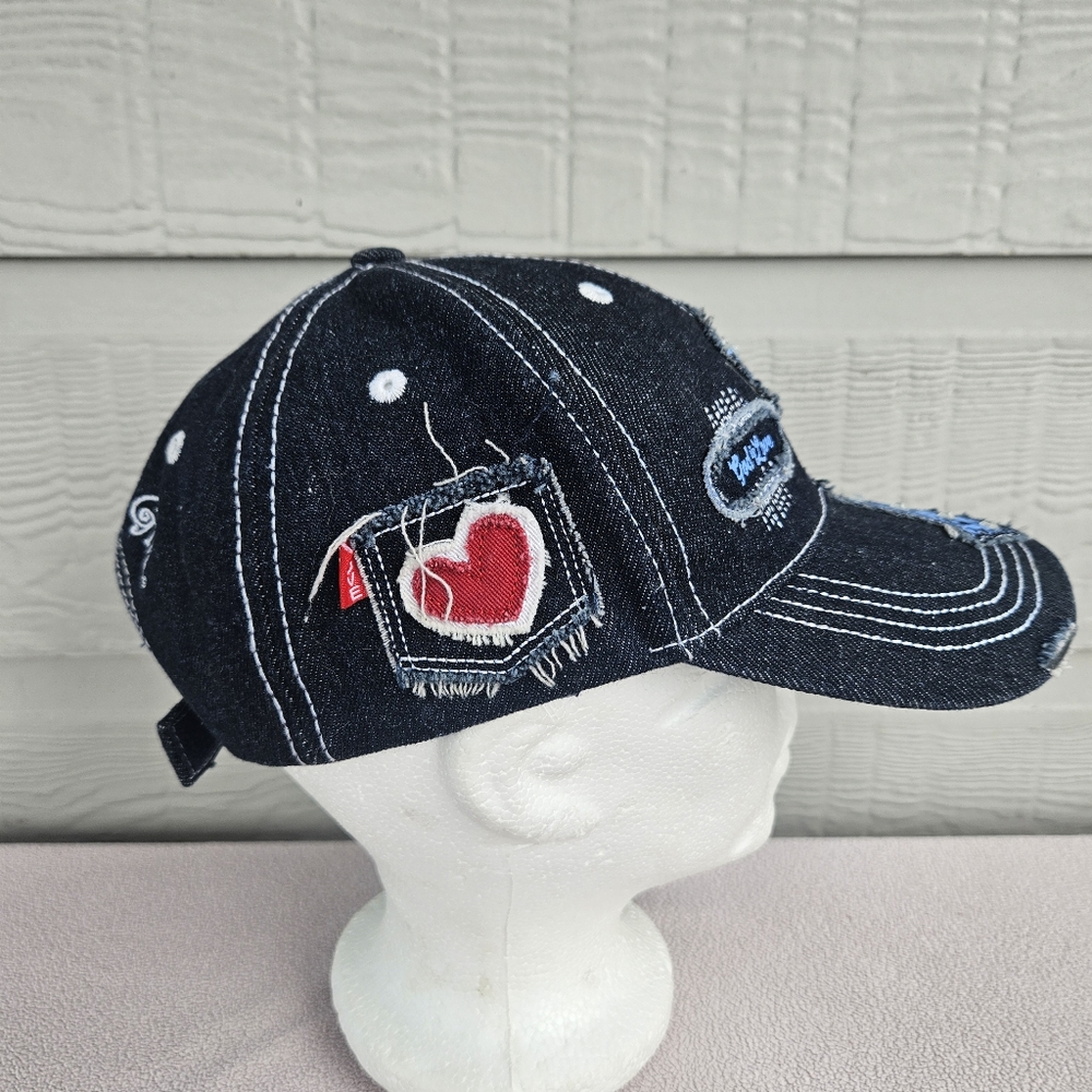 Kerusso Cross Cadet Cap Hat Denim Blue Women OS Studded Bedazzled Distressed - Picture 2 of 8